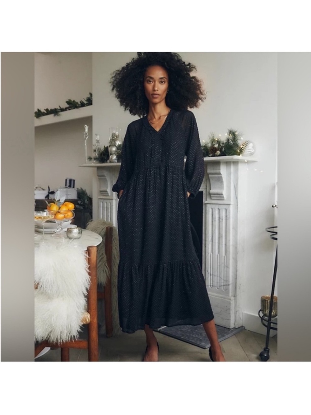 The White Company White Label Black Shimmer Chiffon Sheer Lined Maxi Dress Sz 4